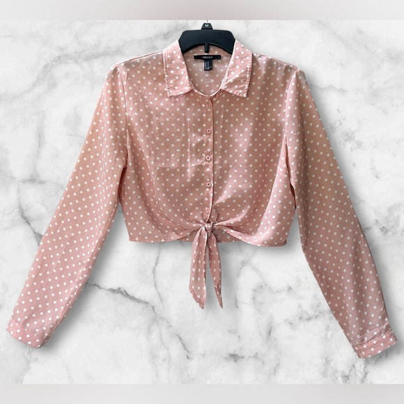 Forever 21 Polka Dot Tie Front Cropped Blouse Long Sleeves Blush Pink Size M - Picture 2 of 10